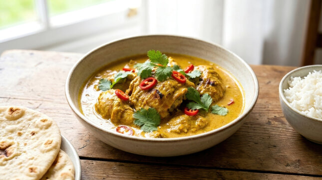 Traditional Kenyan Kuku Paka grilled chicken curry with creamy coconut sauce served with rice and flatbread.
