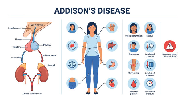 Addison's Disease Infographic showing adrenal insufficiency pathways and symptoms ideal for medical education and healthcare blogs.