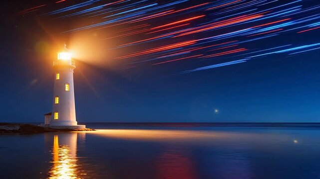 Lighthouse with star trails at night