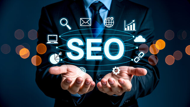 Search engine optimization seo concept with professional businessman holding glowing holographic text and icons.