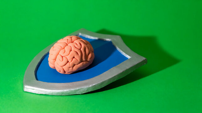A peach-colored clay model of a human brain rests on a blue and silver protective shield against a vibrant green background.