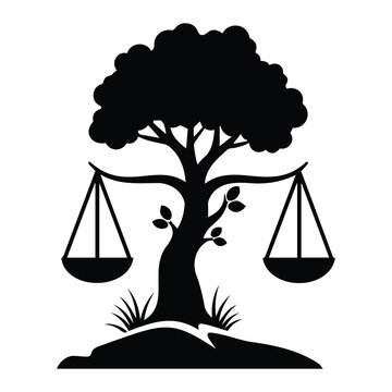 Justice scale tree concept vector silhouette illustration line art law and nature balance.