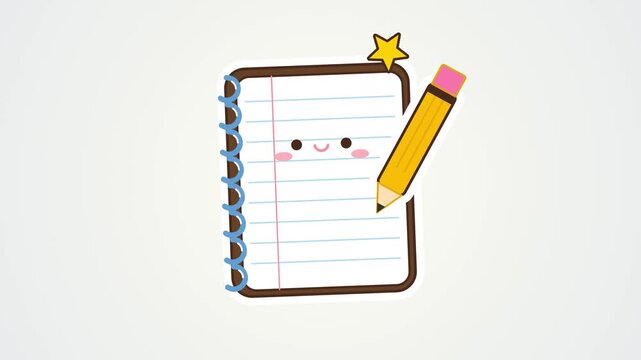 Cute kawaii spiral notebook with a smiling face and yellow pencil illustration for school and office stationery design
