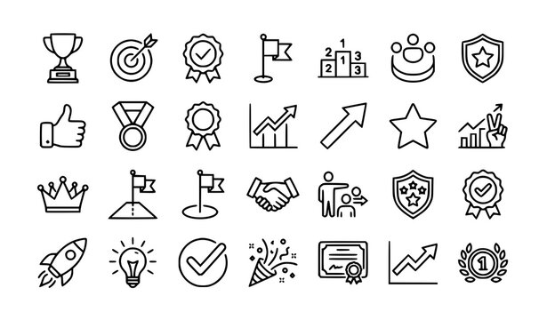 Success and achievement editable stroke line icon set vector