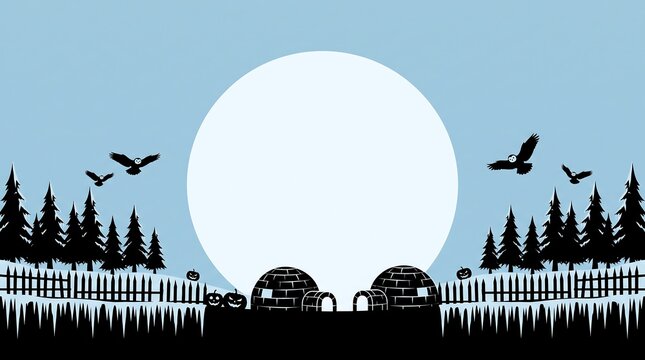 Arctic landscape illustration with igloos, pine trees, fence, birds, and a large moon under a clear sky