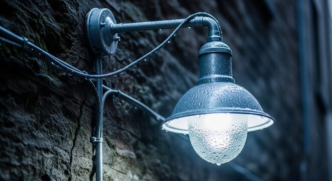 Glowing outdoor wall lamp on dark wall