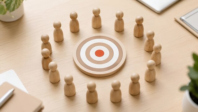 Strategic planning session with wooden figures standing in a circle around a target board on a desk