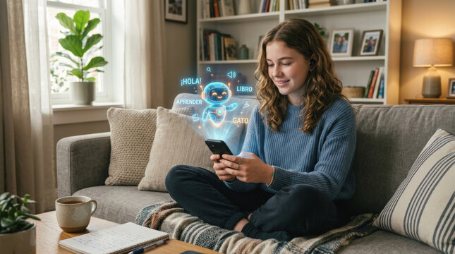 Teenage girl learning language AI with smartphone at home, smiling and engaging with virtual assistant for study and fun