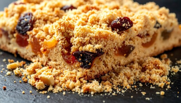 Close-up of a delicious homemade fruit crumble cake with dried berries and crumble topping, on a dark slate surface