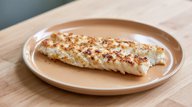 walleye. Freshly cooked golden-brown walleye fillet on ceramic plate, clean wooden countertop, healthy meal concept, menu design.