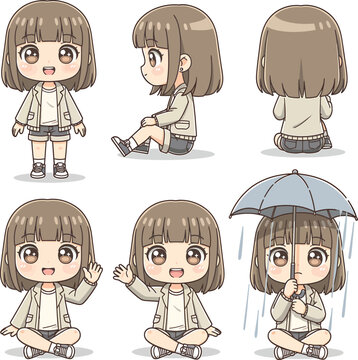 Chibi girl character set with different poses and expressions in anime style