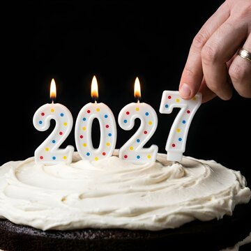 A hand places the number 7 candle on a chocolate cake with white frosting, completing the year 2027 with lit candles.