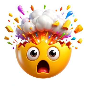 3D exploding head emoji with colorful particles and smoke burst