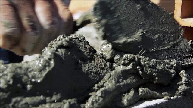 Macro Shot of Bricklayer Spreading Wet Cement Mortar with Masonry Trowel - 4K