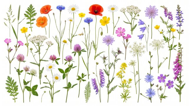 Wild flowers collection, set isolated on transparent white background