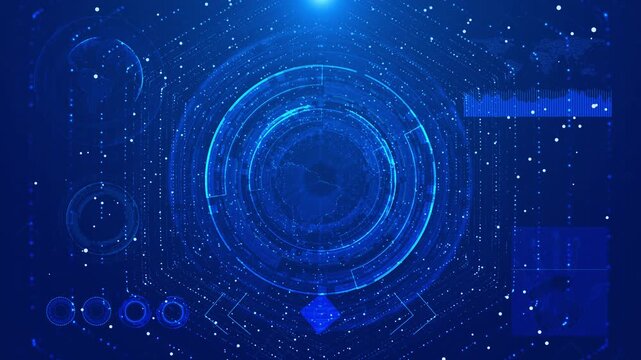 Futuristic globe dashboard tech visual cyan HUD rings, map graphics, data charts, and deep blue interface space. global network videos, AI reports, software demos, and motion graphics.