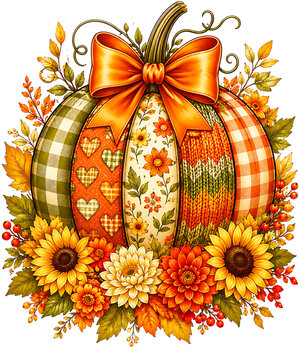 Boho Fall Pumpkin with Leopard Print Bow, Sunflower Pattern, Plaid Accents and Autumn Leaves, Cute Harvest Clipart Illustration for Sublimation, Stickers, T-Shirt and Seasonal Decor