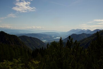 Fototapeta premium Panoramic mountain valley view with winding turquoise lakes and rivers stretching into the distance, framed by dense alpine forests and rolling mountain ridges.