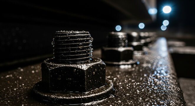 Close-up macro shot of large heavy metal bolts and nuts wet with water drops on a steel surface outdoors at night