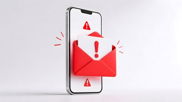 3D render of smartphone with popping red envelope and warning alert representing urgent email notification and spam message