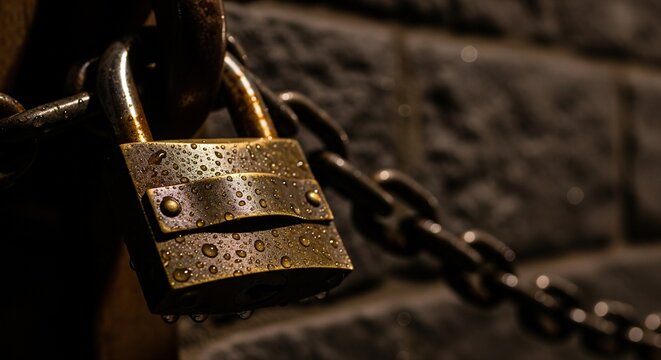 Old wet metal padlock attached to a heavy chain against a dark stone wall.