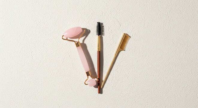 Minimalist composition of facial tools featuring a pink quartz roller, eyelash comb, and spoolie brush on a white textured background.