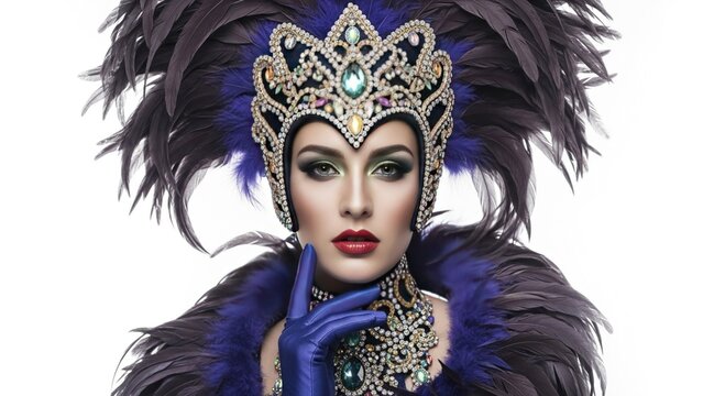 Portrait of Beautiful Woman Wearing Elaborate Carnival Showgirl Costume