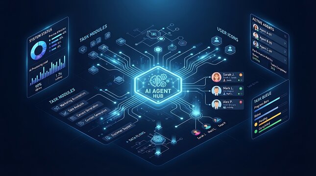 Isometric AI agent hub dashboard with digital neural network connections and data processing modules