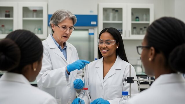 Senior Scientist Mentoring Young Medical Students in Modern Lab