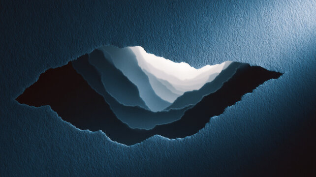 paper torn open revealing deep endless void, layered perspective, strong shadow depth, minimal concept