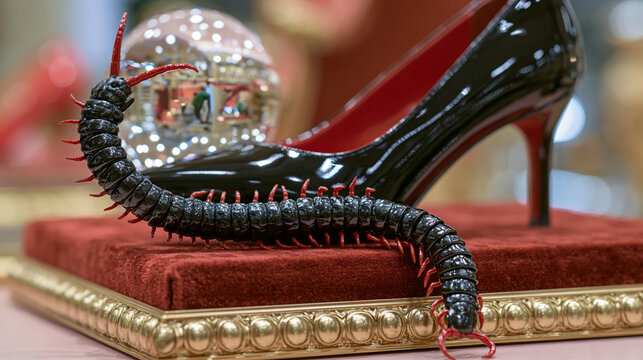 Black centipede coils beside patent leather heel on red velvet in dark glamour macro
