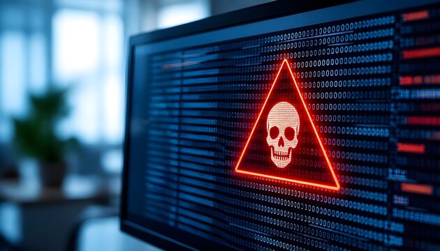 Cyber Security Threat Displaying a Skull Warning Icon on a Computer Screen During a System Hack