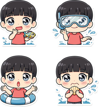 Cute boy chibi sticker set for summer sea activities like snorkeling and swimming.
