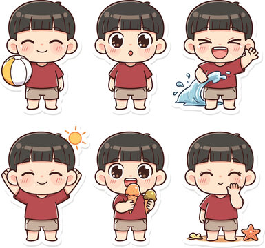 Cute boy cartoon collection enjoys summer holiday activities and fun.