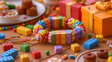 Fototapeta premium Raksha bandhan themed festive rakhi bracelet made of colorful building blocks and beads raksha bandhan, raksha bandhan image