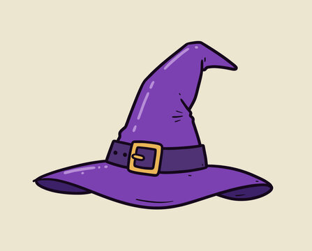 Purple witch hat illustration, Halloween magic hat, wizard headwear, cartoon sorcerer cap, spooky accessory, fantasy sticker art, buckle