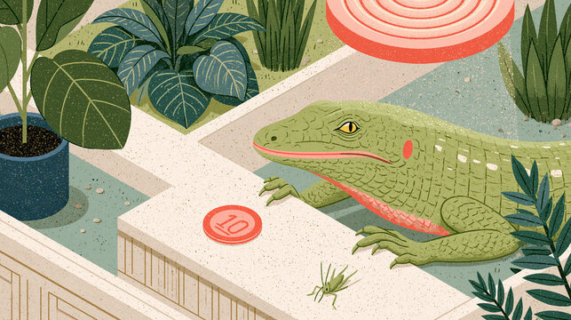 Green Lizard in Mid-Century Terrarium Illustrating Regulatory Capture and Control
