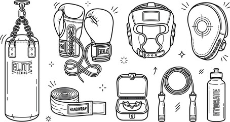 Boxing training equipment vector set featuring line art punching bag gloves headgear focus mitt hand wraps jump rope mouthguard water bottle © Rashidul