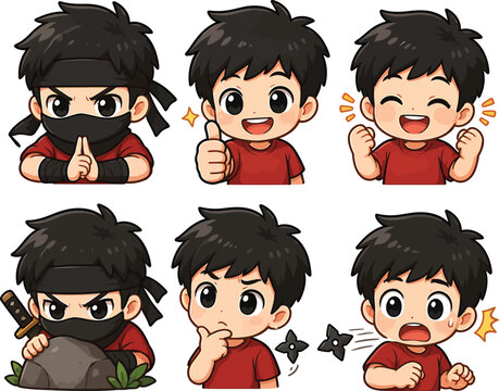Cute boy ninja anime character set with various expressions and poses.