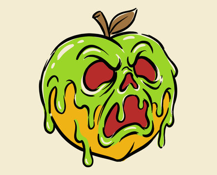 Poison apple peach skull, melting green slime fruit, horror halloween illustration, toxic fruit sticker design, gothic street art print