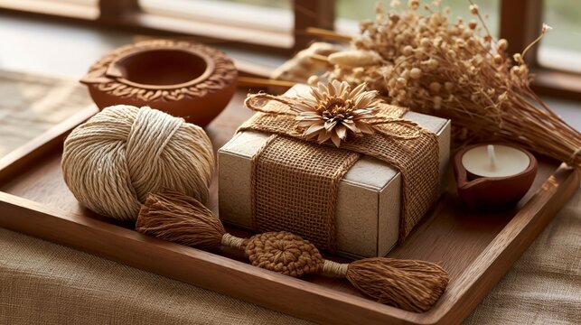 Raksha bandhan themed rustic gift box, lit clay lamp, and dried natural decorations on wooden tray raksha bandhan, raksha bandhan image