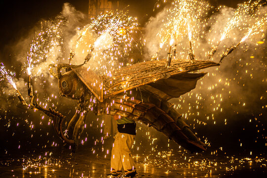 Insecte g&eacute;ant pyrotechnique lors d'un Correfoc en Catalogne &ndash; Spectacle de feu nocturne