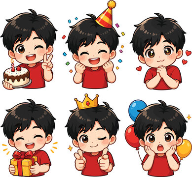 Cute cartoon boy celebrates birthday with cake, gifts & party props.