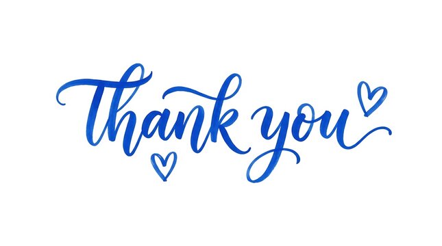 Blue handwritten thank you lettering with hearts