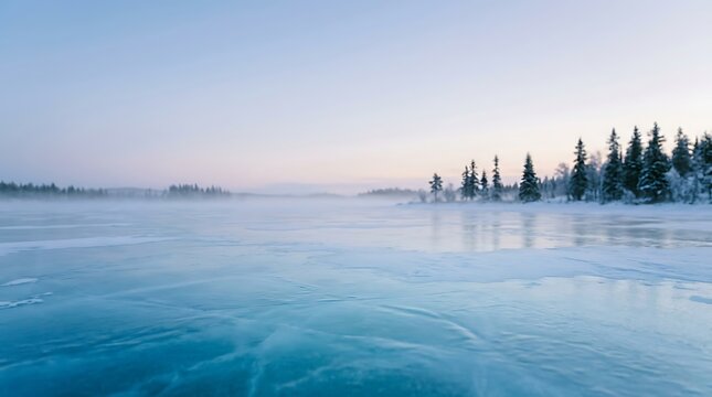 A serene winter landscape featuring a frozen blue lake surrounded by snow covered pine trees at sunrise