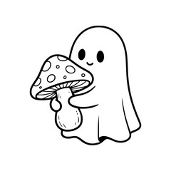 Fototapeta premium Cute cartoon ghost holding a mushroom.