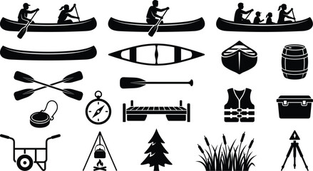 Flat Color Canoeing And Camping Outdoor Adventure Vector Collection With Recreation Equipment Symbols For Wilderness Graphic Design Projects © Joy