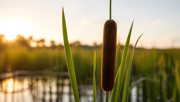 Brown Cattail Plant Standing Tall in a Serene Wetland Marsh During a Warm Golden Sunset Hour