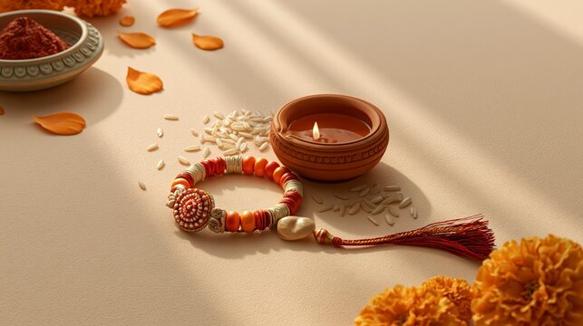 Raksha bandhan themed rakhi, akshat rice, roli vermilion paste, and flower petals for indian festival raksha bandhan, raksha bandhan image