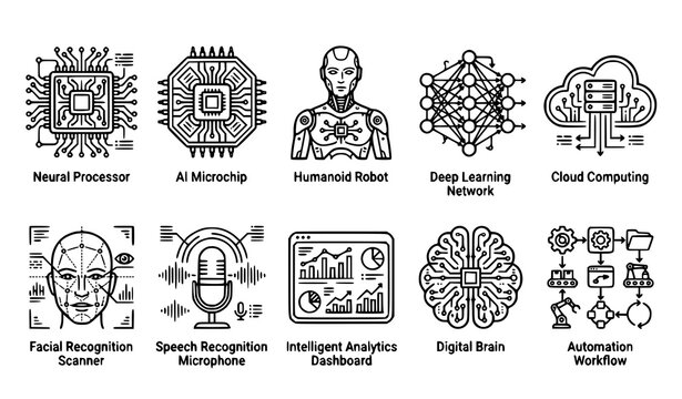 Artificial intelligence icon set with labels including neural processor, humanoid robot, facial recognition, deep learning and automation workflow symbols